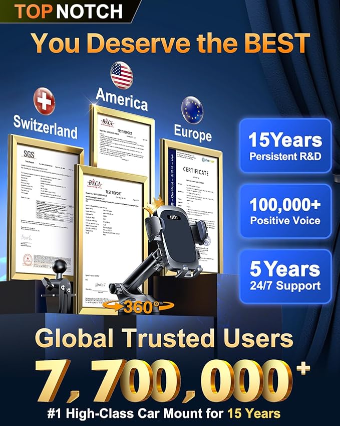 2026 Ultimate Best【True Military-Grade & Safety Cert】Car Phone Holder【Upgraded 360 Rotation & 100+LBS Strongest Suction】5-in-1 Truck Windshield Dashboard Vent Mount Stand for iPhone Android,Deep Black
