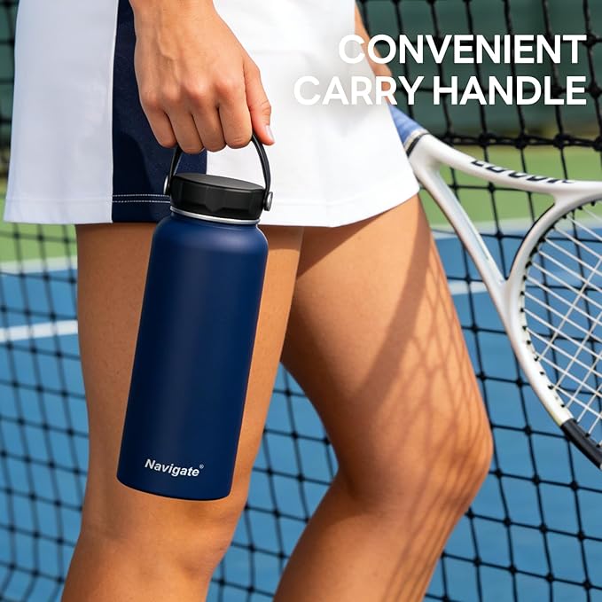 Navigate 40 oz Insulated Stainless Steel Sports Water Bottle with Spout & Handle Lids,Wide Mouth Water Jug with Double Walled Leak Proof Keep Cold for 24 Hrs Hot for 12 Hrs,Dark Blue