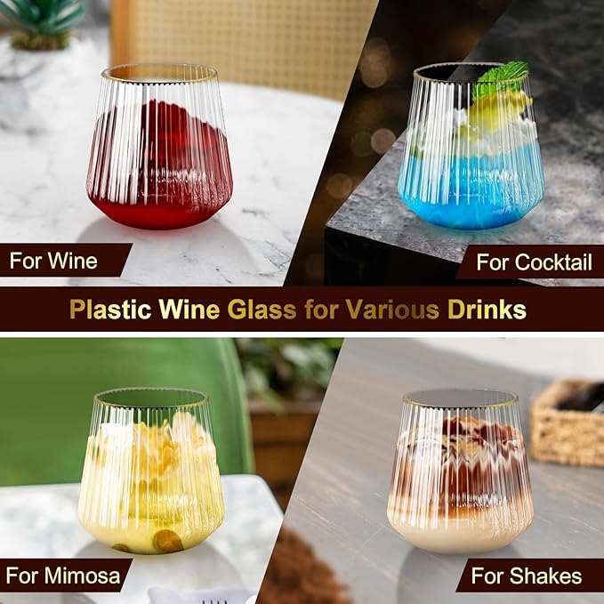 Lueumxc 40 Pack Plastic Ribbed Wine Glasses, 14Oz Origami Disposable Wine Glasses Unbreakable Clear Plastic Cocktail Glasses Recyclable Shatterproof Reusable Wine Cups (14oz-Gold Rim 40pack)