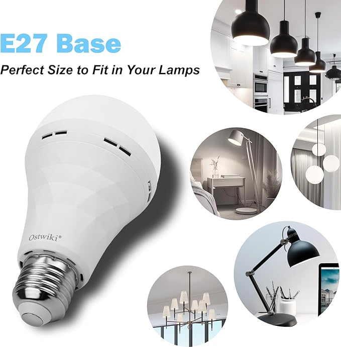Ostwiki 2 Pack Emergency Rechargeable Light Bulbs,Battery Operated Backup Light Bulb 9W E27 8500K 1200mAh White Equivalent Self-Charging LED Light Bulbs for Power Outage Camping Outdoor Activity