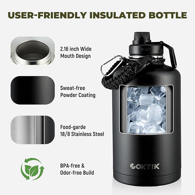 COKTIK 84oz Insulated Water Bottle - Stainless Steel Vacuum Metal, Portable ½ Gallon Large-Capacity Sports Bottle with Straw, Carry Bag and Handle Strap, Ideal for Gym & Hiking（Black)