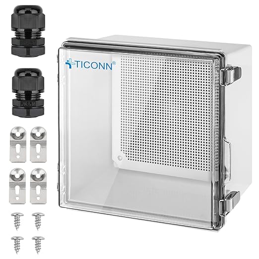 TICONN Outdoor Electrical Box Waterproof, Junction Box IP67 ABS Plastic Enclosure with Hinged Cover with Mounting Plate, Wall Brackets, Cable Glands (Clear, 11.8"x11.8"x7.1")