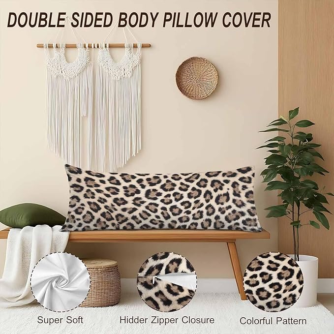 Body Pillowcases with Zipper Leopard Print Cozy Body Pillow Covers Cushion Cover 20 X 54 Inch, African Leopard Skin Outdoor Body Pillow Pillowcase for Home Bedroom Couch Sofa Brown
