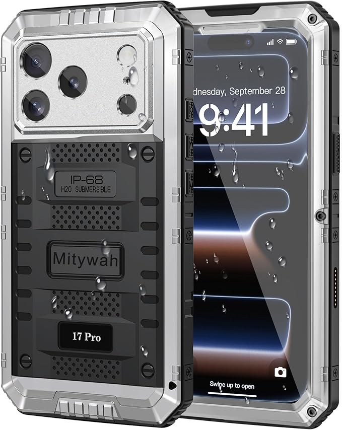 Mitywah Waterproof Case for iPhone 17 Pro, Rugged Metal Case with Built-in Screen Protector, Heavy Duty Full Body Shockproof Protective Cover 6.3 inch, Silver