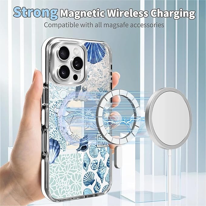 Case for iPhone 16 Pro,[Compatible with MagSafe],Sea Life Ocean Waves Seashell Collage Phone Case Design，for Women Girls Magnetic Clear Cover - Slim, Sleek, & Shockproof Protection