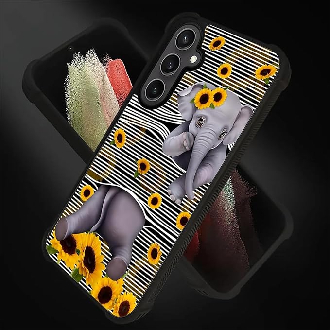 for Samsung Galaxy S23 FE Case, Cute Little Elephant Sunflower White Line Art Pattern Graphic Design Soft Silicone Hard Acrylic Shock Protection for Samsung Galaxy S23 FE