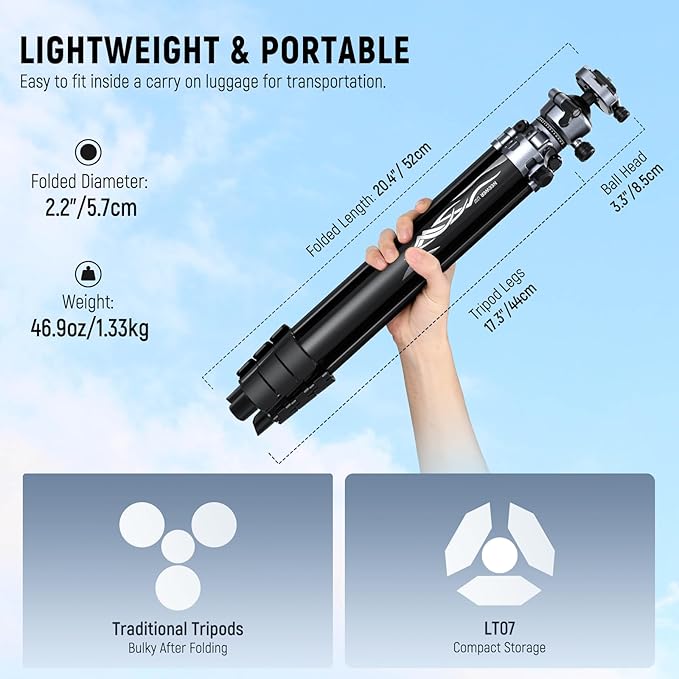 NEEWER LITETRIP LT07 61" Aluminum Travel Camera Tripod, Portable Stand with Ball Head Dual Axis Cell Phone Holder Arca QR Plate Compatible with iPhone for Video Recording, Max Load 22lb