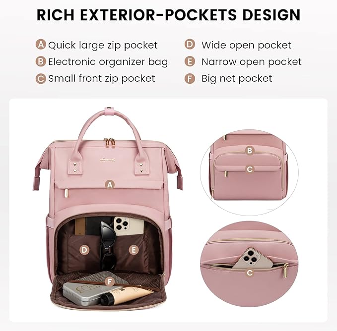 LOVEVOOK Leather Laptop Backpack for Women 15.6 inch, Travel Purse with USB Port, Pink