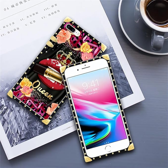 Compatible with iPhone 8 Plus 7 Plus Case, Queen Lip Crown Leopard Print Luxury Golden Decoration for Girl Women Soft TPU Shockproof Protective Hard PC Back for iPhone 8 Plus 7 Plus