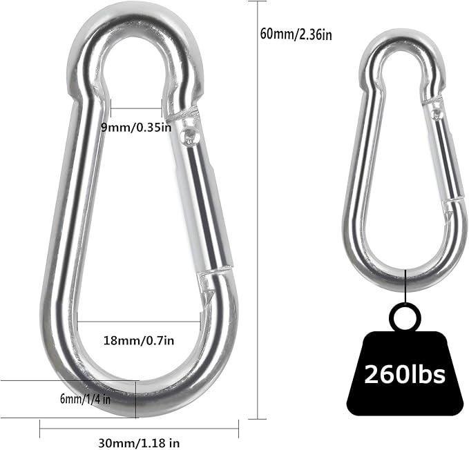 60Pcs Stainless Steel Carabiner Clip Spring-Snap Hook 1/4 in, M6 x 2 3/8 Inch Small Heavy Duty Carabiner Clips for Hammock, Punching Bag, Swing, Gym