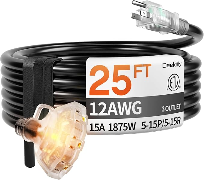 25 ft 12 Gauge Heavy Duty 3 Outlet Extension Cord Splitter with Indicator, Waterproof Outdoor Extension Cord with Multiple Outlets, 15A 1875W for Home & Workshop, ETL Listed, Black SJTW