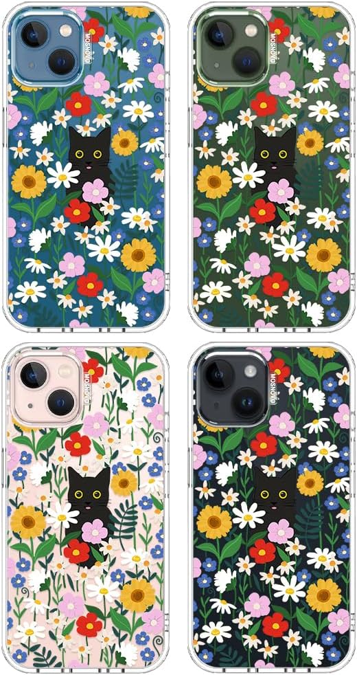 MOSNOVO for iPhone 13/14 Case | Military Grade 6.6ft Drop Tested | Clear with Black Cat in Garden Design