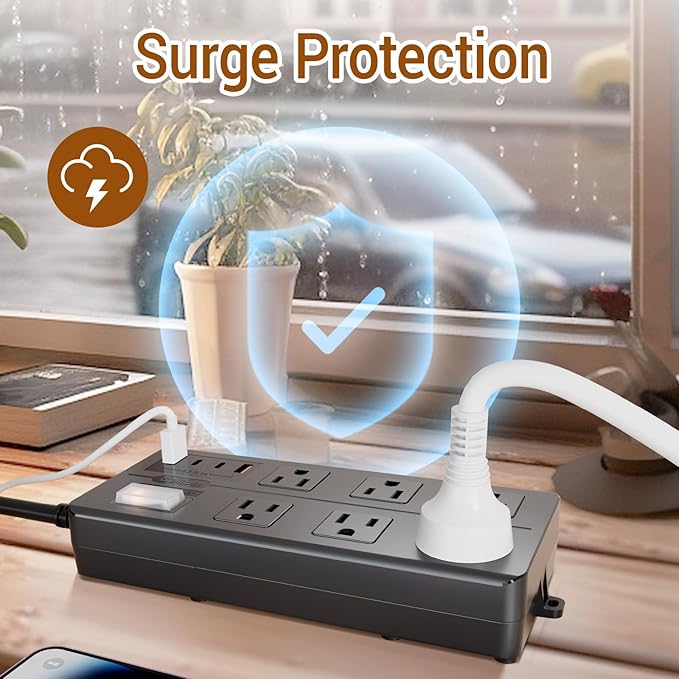 6FT Outdoor Waterproof Power Strip Surge Protector with 6AC Outlets 4USB Ports Power Switch Safety Lock, ETL Certified for Patio Garden Charging