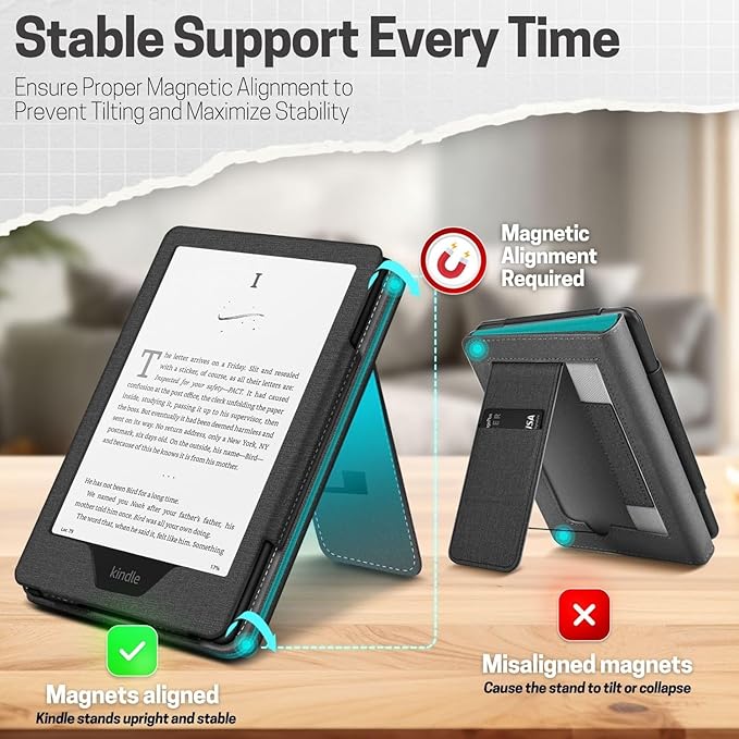 TNP Stand Case for Kindle Paperwhite 12th Generation 2024 / Kindle Colorsoft Signature Edition with Hand Strap & Card Slot - 7" PU Leather Protective Folio Cover with Auto Wake/Sleep, Black