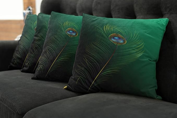 Ambesonne Peacock Decorative Throw Pillow Case Pack of 4, Peacock Feather Illustration in Simplistic Style Wild Nature Life Print, Cushion Cover for Couch Living Room Car, 18", Green Blue