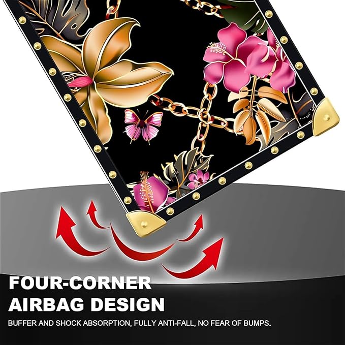 Compatible with iPhone 16 Pro Case, Pink Golden Chain Tropical Flower Luxury Golden Decoration for Girl Women Soft TPU Shockproof Protective Hard PC Back