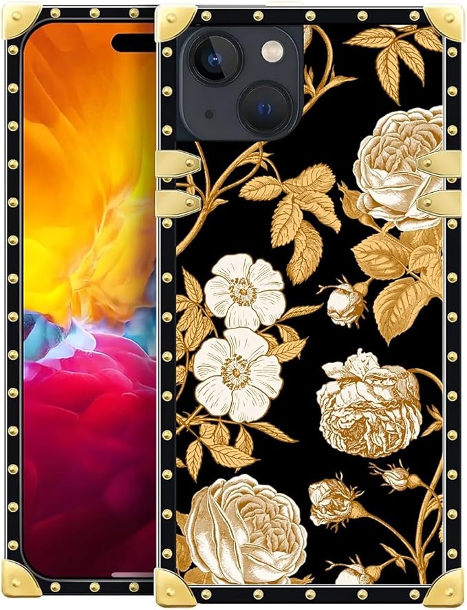 Compatible with iPhone 15 Case, Blooming Rose Golden Flower Luxury Golden Decoration for Girl Women Soft TPU Shockproof Protective Hard PC Back for iPhone 15