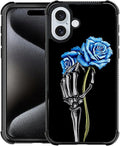 for iPhone 16 Case, Skeleton Holding Blue Rose Pattern Graphic Design Girl Boy Soft Silicone Hard Acrylic Shock Protection for iPhone 16