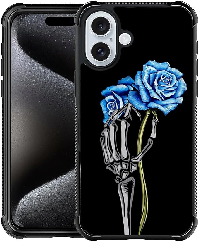 for iPhone 16 Case, Skeleton Holding Blue Rose Pattern Graphic Design Girl Boy Soft Silicone Hard Acrylic Shock Protection for iPhone 16