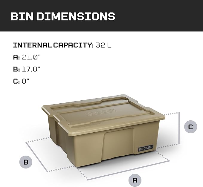 DECKED Payloader 32 L (3-Pack) - 75 lb Bin / 200 lb Lid Load Rated, Heavy-Duty Stackable Storage Bins, Fits Drawer System & Tool Box - Desert Tan