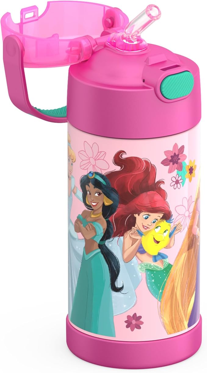THERMOS FUNTAINER Water Bottle with Straw - 12 Ounce - Kids Stainless Steel Vacuum Insulated Water Bottle with Lid, Princesses