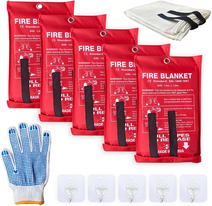 Leberna 5 Pack 39.9x39.3 Fire Blanket Fire Suppression Blanket | Fiberglass Fire Blankets Emergency for People Flame Retardant Fireproof Survival Safety Kitchen, Fireplace, Car, Office, Warehouse