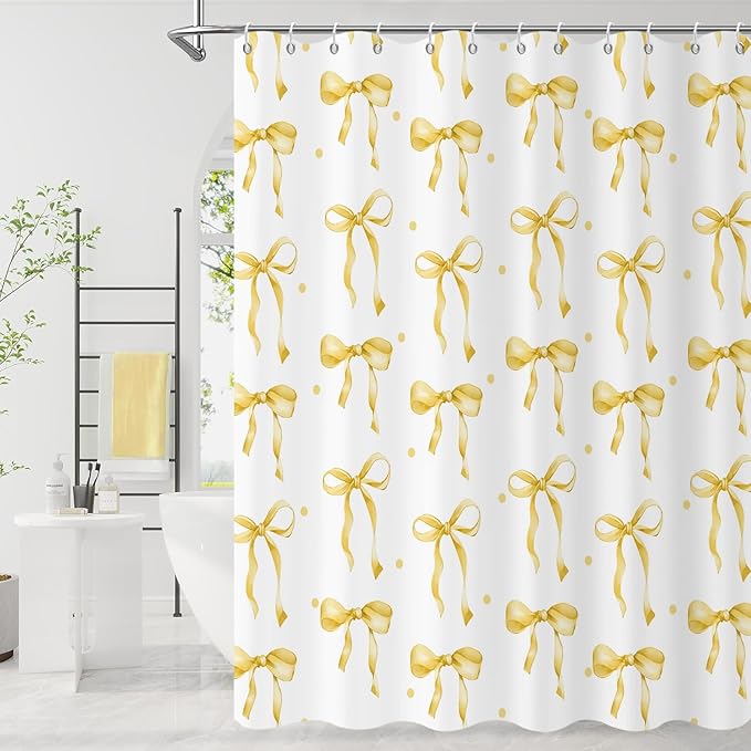 Yellow Bow Shower Curtain, Yellow and White Modern Aesthetic Bowknot with Polka Dot Cute Girly Bathroom Curtain Waterproof Fabric Machine Washable with Hooks, 65" Wx72 L