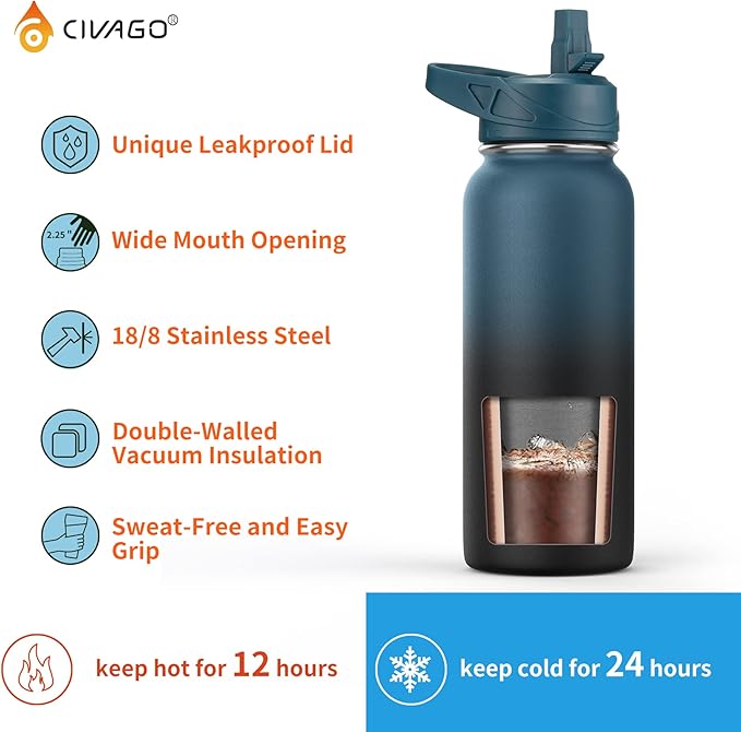 CIVAGO 40 oz Insulated Water Bottle With Straw, Stainless Steel Sports Water Flask Cup with 3 Lids (Straw, Portable Spout and Handle Lid), Double Walled Travel Thermal Canteen Mug, Dark Rainbow