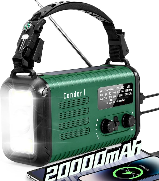 Emergency Crank Radio, 20000mAh / 74000mWh Solar Hand Crank Weather Radio with NOAA/AM/FM, Battery Powered Radio with Cell Phone Charger, Reading Lamp, Flashlight & SOS for Emergencies/Home (Green)