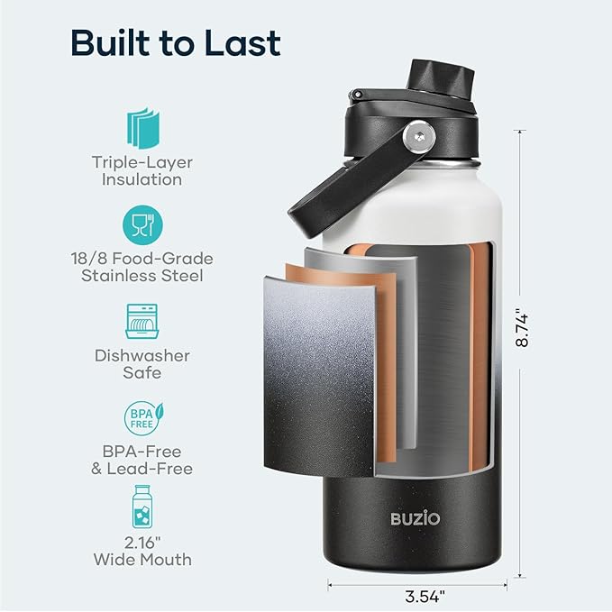 BUZIO 32 oz Water Bottle Insulated, Leakproof Stainless Steel Flask (Cold for 48 Hrs), Wide Mouth BPA-Free Metal Thermo Hydro Canteen with 2 Lids, Day & Night