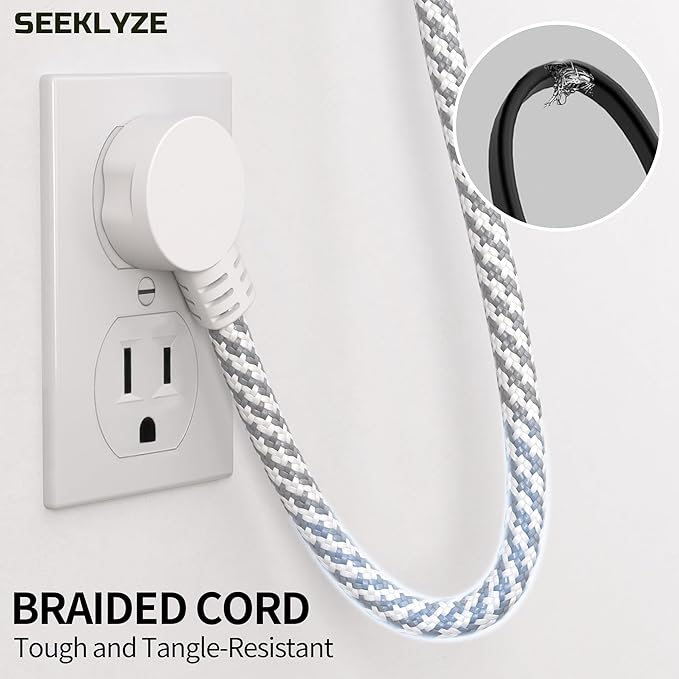 16 Gauge Braided Extension Cord 15 FT, 16/3 Flat Plug Power Cord Indoor, 3 Prong White Extension Cable Flexible for Home Dorm Room Essentials, 13A 125V 1625W, ETL Listed