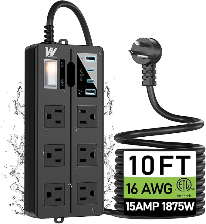 10FT Outdoor Waterproof Power Strip Surge Protector with 6AC Outlets 4USB Ports Power Switch Safety Lock, ETL Certified for Patio Garden Charging