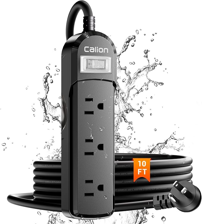 VNJ IPX6 Waterproof Outdoor Surge Protector Power Strip, 3AC Outlets 10FT Cord with On/Off Power Switch Safety Lock ETL Certified for Patio Garden, ETL