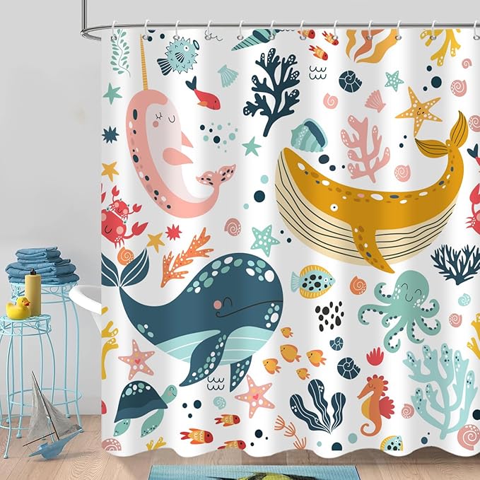 Kids Whale Shower Curtain, Funny Cute Ocean Fish Cartoon Sealife Under Sea Coral Starfish Bath Curtain Waterproof Fabric Machine Washable with Hooks, 72" Wx96 L