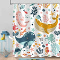 Kids Whale Shower Curtain, Funny Cute Ocean Fish Cartoon Sealife Under Sea Coral Starfish Bath Curtain Waterproof Fabric Machine Washable with Hooks, 48" Wx72 L