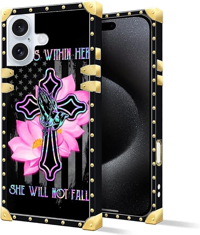 Compatible with iPhone 16 Case, Praying Cross Hands Luxury Golden Decoration for Girl Women Soft TPU Shockproof Protective Hard PC Back for iPhone 16