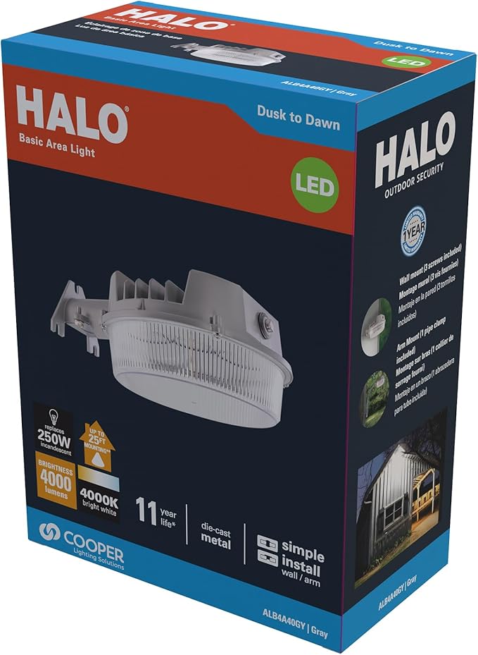 HALO ALB Outdoor Dusk-to-Dawn LED Security Area Light with 4000 Lumens, Wall or Pole Mount - Textured Gray