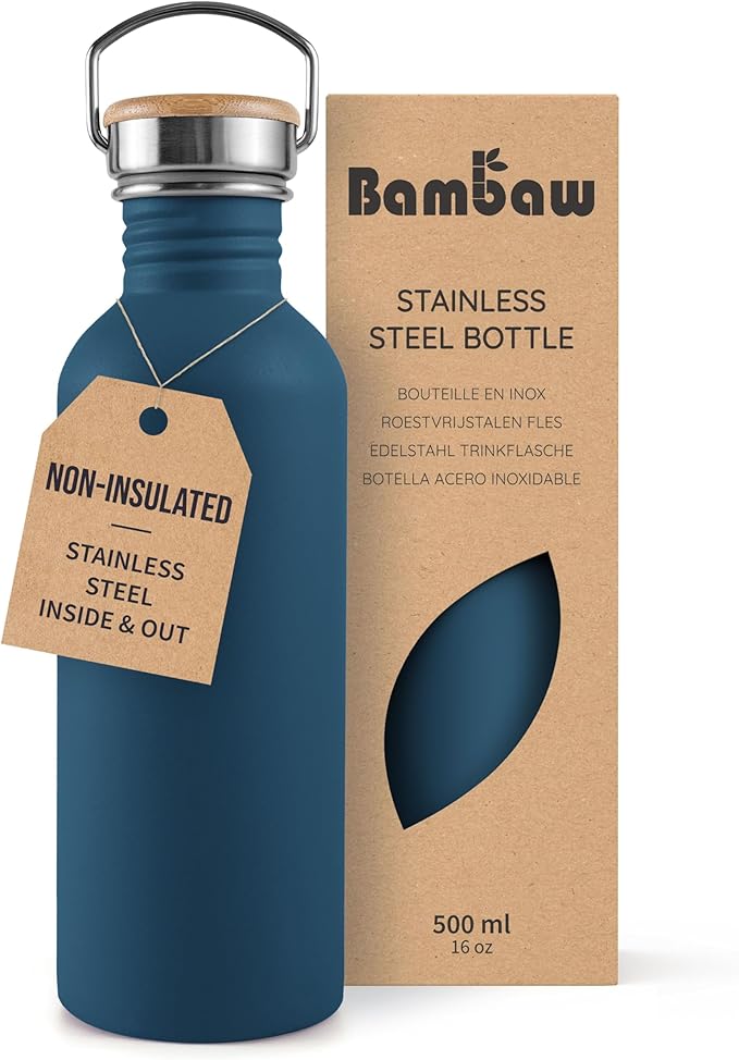 Bambaw Stainless Steel Water Bottle 16 oz, Navy Blue Sports Bottle, Non-Insulated Single Wall, Children's Small Metal Water Bottle, 500 ml, Reusable – Aegean Blue