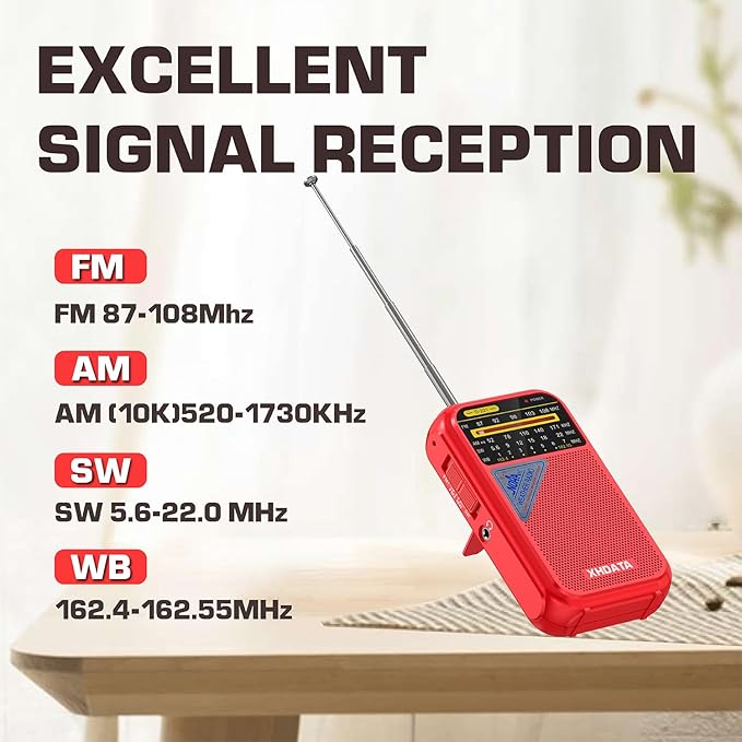 XHDATA D221 NOAA Weather Radio Portable AM FM Shortwave Radio Receiver, 2AA Battery Operated, Transistor Radio with Excellent Reception for Emergency, Hurricane, Gift, Walking and Home (Red)