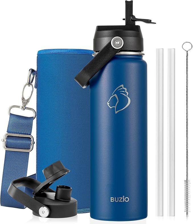 BUZIO 24 oz Insulated Water Bottle, Stainless Steel Wide Mouth Water Flask with Straw Lid, Cold for 48 Hrs Leak Proof Metal Hydro Thermo Canteen Mug, Blue