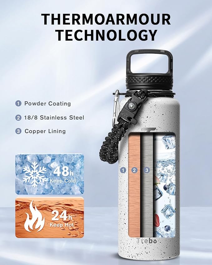 Trebo Water Bottle 40oz with Paracord Handle, Half Gallon Large Vacuum Triple Wall Stainless Steel Insulated Water Jug with Holder Strap Straw Spout Lids, Leakproof Keep Cold & Hot,Starry White