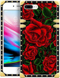 Compatible with iPhone 8 Plus 7 Plus Case, Vector Red Rose Green Leaf Luxury Golden Decoration for Girl Women Soft TPU Shockproof Protective Hard PC Back for iPhone 8 Plus 7 Plus