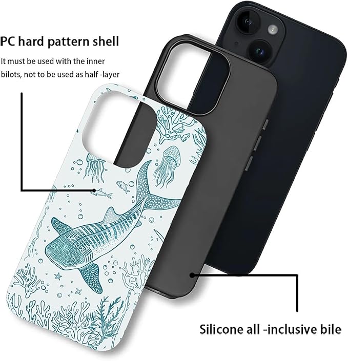 for iPhone 13/14 Case,HH2 Ocean Whale Shark Hybrid 2 Layer Hard Shell Silicone Protective Pattern Design Case