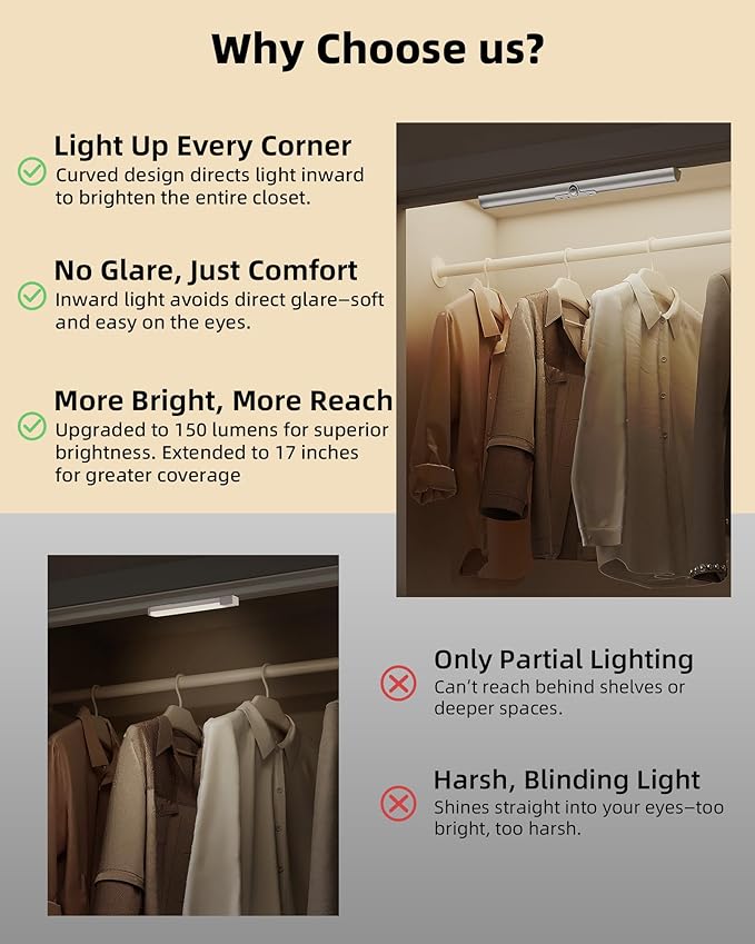 EZVALO 17-Inch LED Motion Sensor Closet Lights, 3600mAh Rechargeable Battery Operated, 150 Lumens No-Glare Curved, 3 Color Temperatures & Dimmable Wardrobe Lights for Pantry & Shelves - 3 Pack