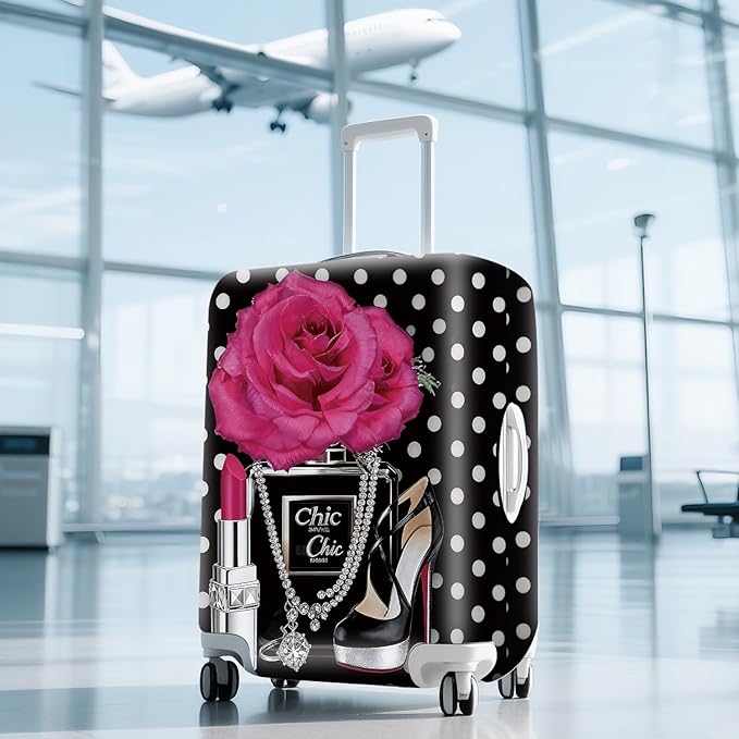 ANNA QUEEN Vintage Polka Dot Rose Travel Luggage Cover -Stretchable Airplane Suitcase Protector Sleeve,Universal Washable Fit for 32-34 Inch Checked Baggage,Water Resistant Durable Luggage Protector