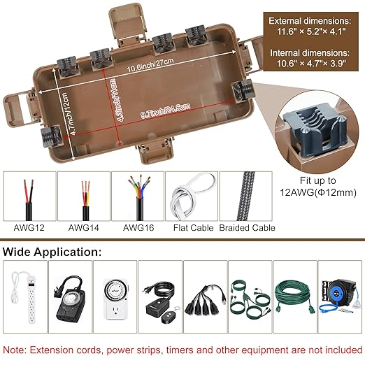 [2 Pack] Outdoor Electrical Box Waterproof, OUTDSPLY Medium Outdoor Electrical Box (11.6x5.2x4.1 inch) w/ 6 Cable Entry, Weatherproof Connection Box for Power Strip, Plug, Timer, Holiday Lights, Brown