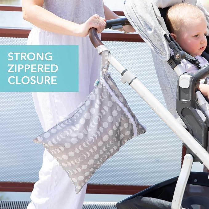Bumkins Waterproof Wet Dry Bag for Baby, Travel, Swim Suit, Cloth Diapers, Pump Parts, Pool, Beach, Gym Clothes, Toiletry, Hook to Stroller, Daycare, Zipper Reusable Wetdry Packing Pouch, Lunar Gray