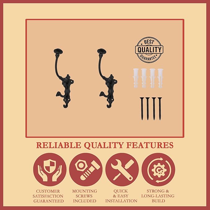 Mystic Colonial Rustic Cast Iron Wall Hooks – Heavy Duty Vintage Utility Hooks for Hanging Coats, Towels, Bags, Robes, Hats & More – Large Decorative Wall Mount Hanger, Pack of 2, Black