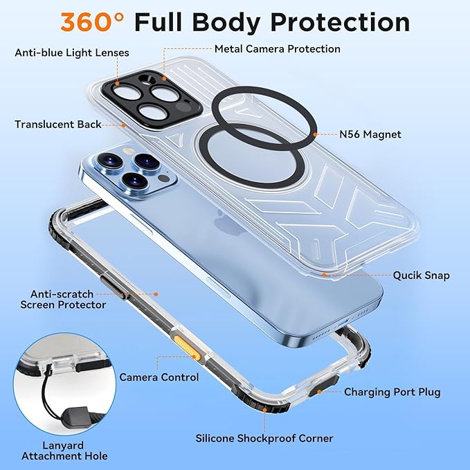 WIFORT for iPhone 16 Pro Waterproof Case, [IP68 Underwater] [Blue Light Filter Lens] [15FT Military Shockproof], Fit for Magsafe Full Body Magnetic Frosted Phone Case with Lanyard, 6.3" Black