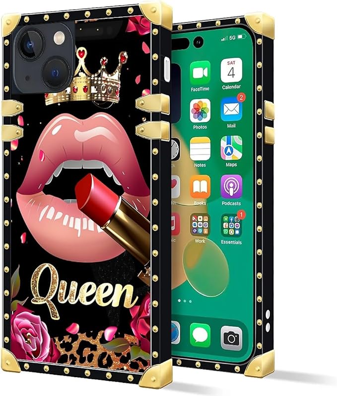 Compatible with iPhone 14 Case, Glitter Red Rose Queen Leopard Lipstick Luxury Golden Decoration for Girl Women Soft TPU Shockproof Protective Hard PC Back for iPhone 14